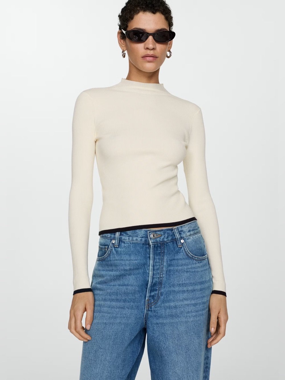 Mango Cream ribbed sweater with Perkins neck NWT